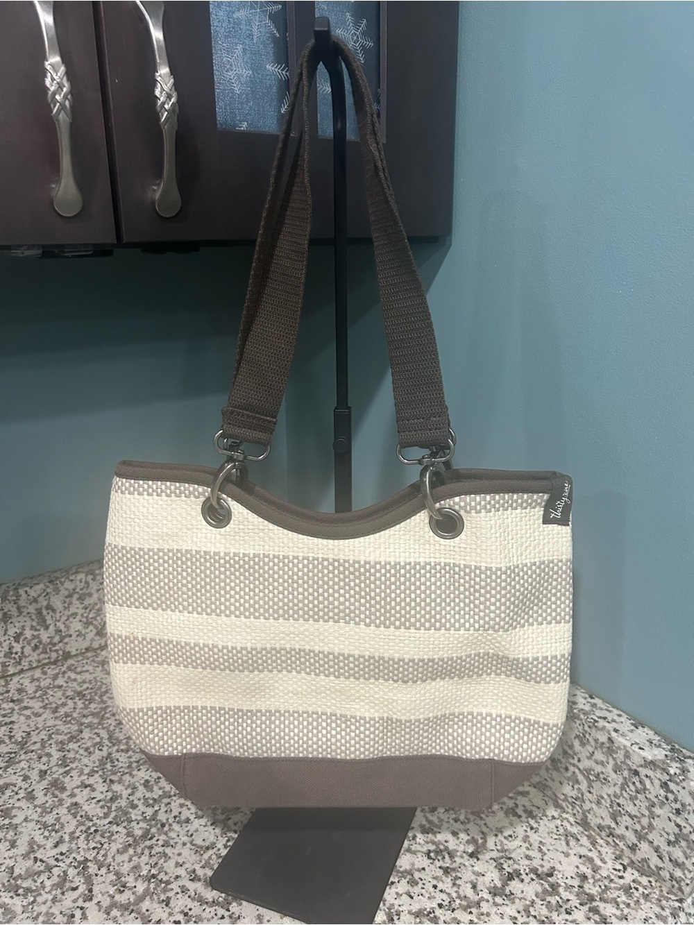 thirty-one Cream and Brown Striped Shoulder Tote